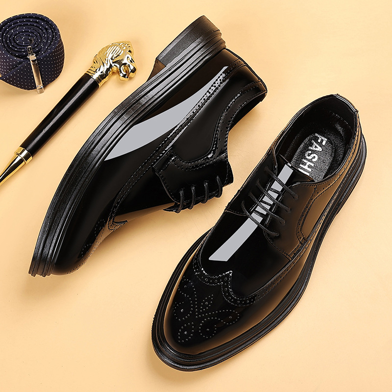 Oxford Brogue Leather - รองเท้าหนังแก้วผู้ชายแบบ Brogue ผูกเชือก ทรง Oxford พื้นหนา