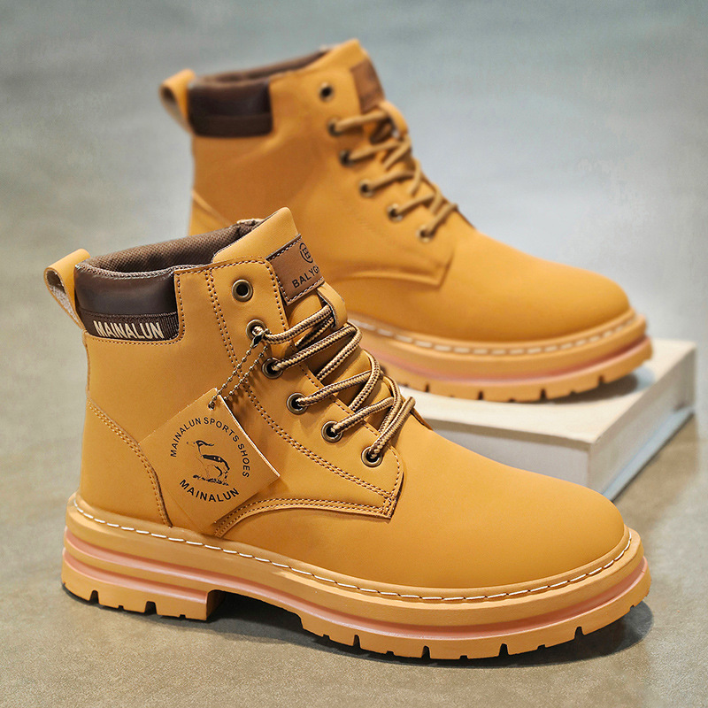 Canvas Sneaker High - รองเท้าบูทหุ้มข้อผู้ชายแบบคลาสสิก คุณภาพสูง หนังสีเหลือง รองเท้าผ้าใบแฟชั่นสำหรับกิจกรรมกลางแจ้ง รองเท้าผู้ชายแบบผูกเชือก กันลื่น