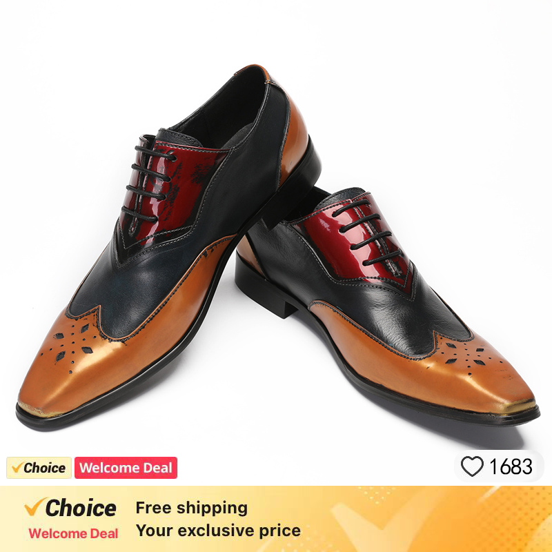 Oxford Brogue Leather - รองเท้าผ้าอ็อกซ์ฟอร์ดสุดหรูสำหรับผู้ชายรองเท้าเดรสลำลองสีดำแบบผูกเชือกรองเท้าหัวแหลมขัดมันรองเท้าหนังแท้สำหรับผู้ชาย