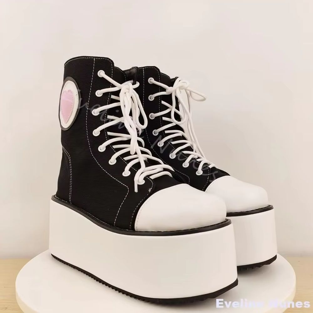 Canvas Sneaker High - รองเท้าผ้าใบหุ้มข้อพื้นหนาสำหรับผู้หญิง ทรงกลม ผูกเชือก เพิ่มความสูง สไตล์ลำลอง เหมาะกับการเต้นสตรีทแดนซ์