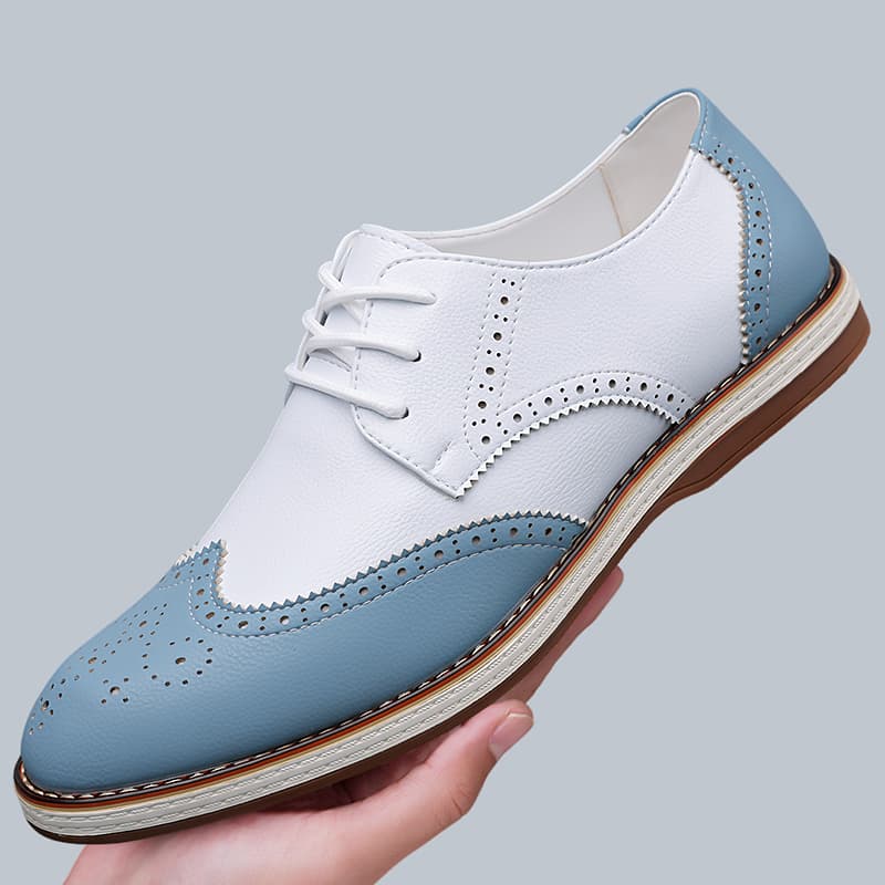 Oxford Brogue Leather - รองเท้าออกซ์ฟอร์ดแบบผูกเชือกสีขาว-น้ำเงินสำหรับผู้ชาย รองเท้าลำลองแบบมีปีก ระบายอากาศได้ดี น้ำหนักเบา ไซส์ใหญ่: 38-48