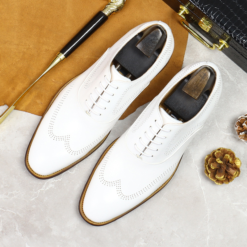 Oxford Brogue Leather - รองเท้าหนังแท้สีขาวกระชับทนทานต่อการฉีกขาดสำหรับผู้ชายรองเท้าลำลองแบบผูกเชือกรองเท้างานแต่งงานผู้ชายตามสมัยนิยมผ้าอ็อกซ์ฟอร์ดตื้น