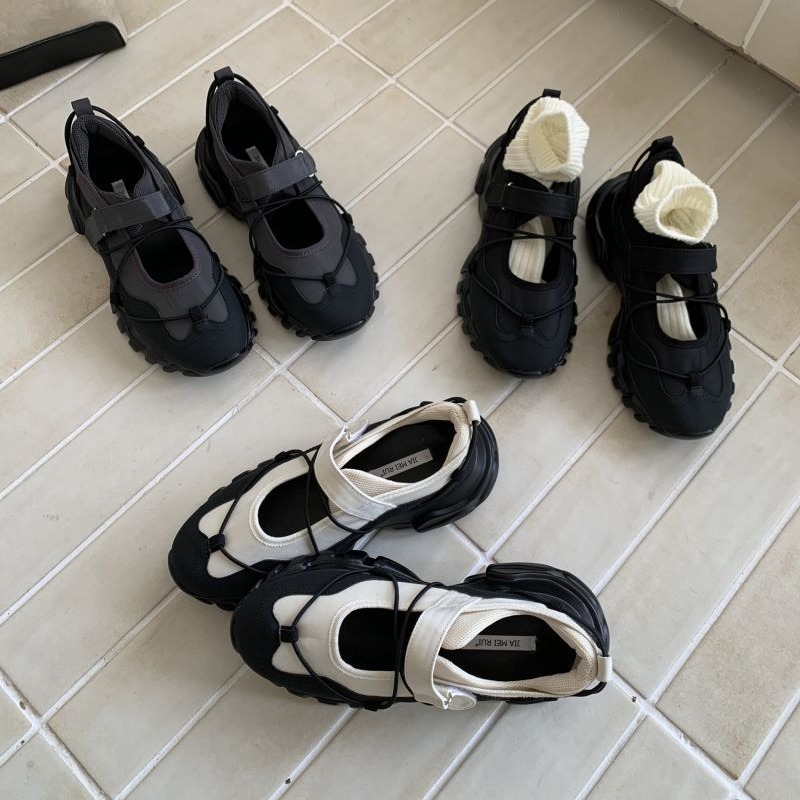 Men Shoes Velcro - รองเท้าแมรี่เจนแบบสปอร์ตทรงหนาสำหรับผู้หญิง สายรัดเวลโครปรับได้สองสี รองเท้าผ้าใบลำลองแบบผูกเชือก