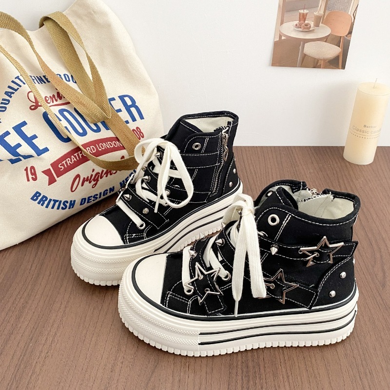 Canvas Sneaker High - รองเท้าผู้หญิงใหม่สไตล์เกาหลี รองเท้าผ้าใบแฟชั่นทรง Chunky สำหรับผู้หญิง รองเท้าลำลองหุ้มข้อสูง รองเท้าดีไซเนอร์