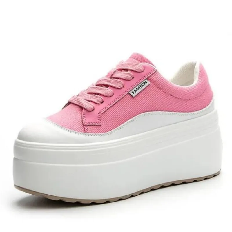 Canvas Sneaker High - 8 ซม.ใหม่ผ้าใบของแท้หนังผู้หญิงสีชมพูแฟชั่นรองเท้าผ้าใบแพลตฟอร์มรองเท้า WEDGE ส้นสุภาพสตรีฤดูร้อนผสมสี Vulcanize