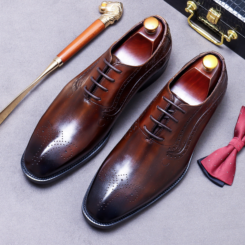 Oxford Brogue Leather - รองเท้าอ็อกซ์ฟอร์ดแบบ Brogue หนังแท้ สไตล์วินเทจ สำหรับผู้ชาย ลายปักแบบ