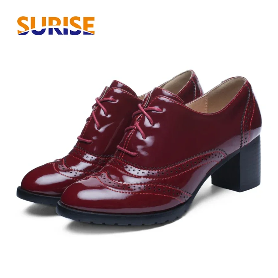 Oxford Brogue Leather - รองเท้าอ๊อกซฟอร์ดสตรีสไตล์อังกฤษหนังสิทธิบัตรสีแดงสีแดงสีดำรองเท้าส้นสูงแบบปั๊มส้นตึกมีเชือกผูกสำหรับสาวออฟฟิศชุดเดรสปาร์ตี้