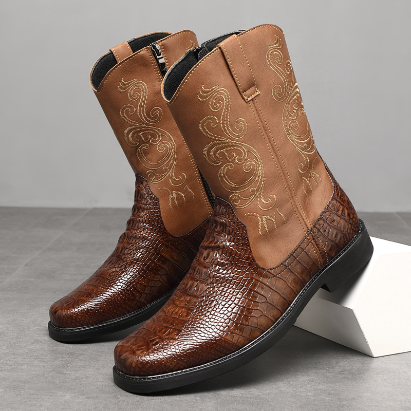 Men'S Shoes Wide Width - ผู้ชายกว้างสูงรองเท้าคาวบอยฤดูใบไม้ร่วง 2025 PUหนังเพลาสูงWesternปักWorkwear Vintageขี่รองเท้าสําหรับกลางแจ้ง