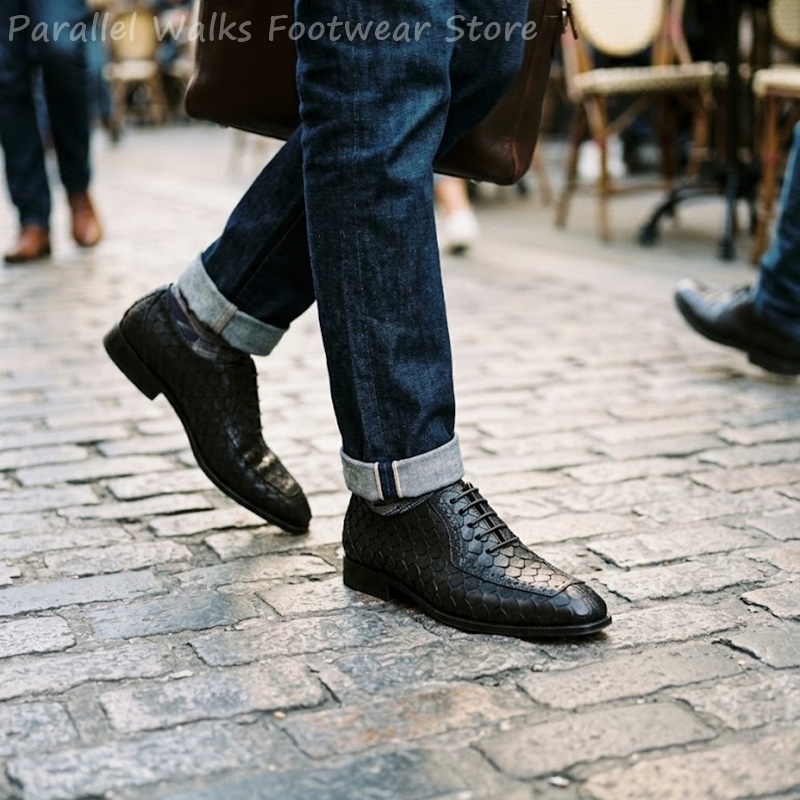Oxford Brogue Leather - รองเท้าอ็อกซ์ฟอร์ดผู้ชายลายหนังปลาแบบนูน ทรงบร็อก ปลายแหลม ผูกเชือก สำหรับงานทางการ ธุรกิจ
