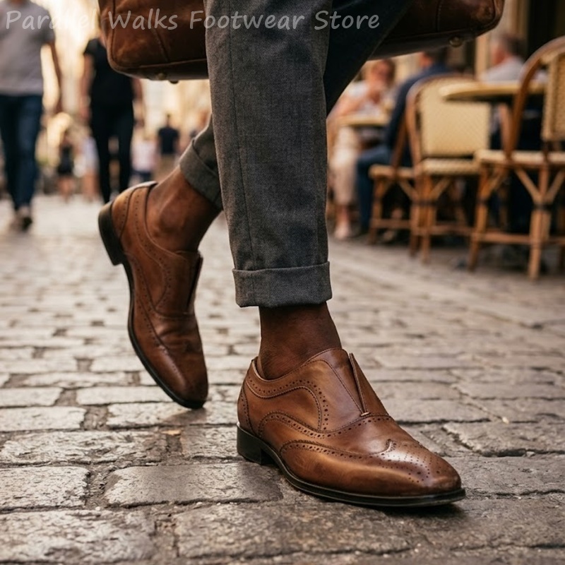 รองเท้าหนังสีน้ำตาลแบบสวมสำหรั - Oxford Brogue Leather บทวิจารณ์และราคา