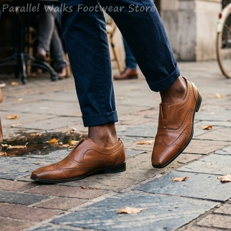 รองเท้าหนังสีน้ำตาลแบบสวมสำหรั - Oxford Brogue Leather บทวิจารณ์และราคา