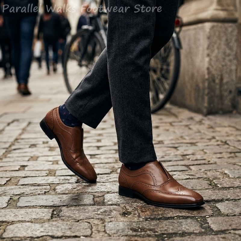 รองเท้าหนังสีน้ำตาลแบบสวมสำหรั - Oxford Brogue Leather บทวิจารณ์และราคา