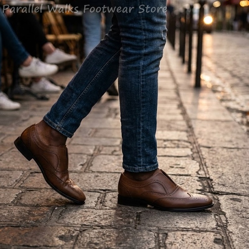 รองเท้าหนังสีน้ำตาลแบบสวมสำหรั - Oxford Brogue Leather บทวิจารณ์และราคา